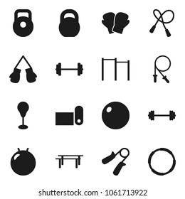 Flat vector icon set - barbell vector, weight, jump rope, hand trainer, horizontal bar, punching bag, fitball, boxing glove, fitness mat, hoop