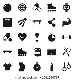 Flat vector icon set - barbell vector, scales, heart pulse, stopwatch, jump rope, horizontal bar, punching bag, fitball, muscule hand, buttocks, shorts, t shirt, roller Skates, skateboard, target