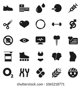 Flat vector icon set - barbell vector, buttocks, snickers, boxing glove, swimsuite, roller Skates, sports nutrition, cereals, no fastfood, heart monitor, hoop, oxygen, eye, gender sign, insemination