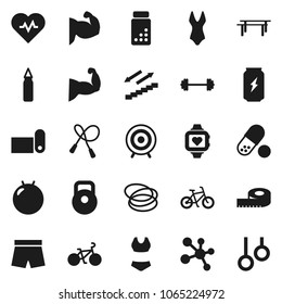 Flat vector icon set - barbell vector, measuring, heart pulse, pills vial, bike, weight, jump rope, horizontal bar, punching bag, fitball, muscule hand, shorts, swimsuite, target, enegry drink, hoop