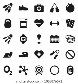 Flat vector icon set - barbell vector, measuring, heart pulse, weight, hand trainer, punching bag, fitball, snickers, boxing glove, target, sports nutrition, molecule, monitor, calendar, fitness mat