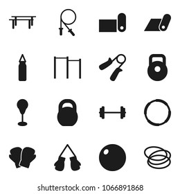 Flat vector icon set - barbell vector, weight, jump rope, hand trainer, horizontal bar, punching bag, fitball, boxing glove, fitness mat, hoop