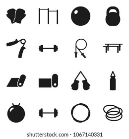 Flat vector icon set - barbell vector, weight, jump rope, hand trainer, horizontal bar, punching bag, fitball, boxing glove, fitness mat, hoop