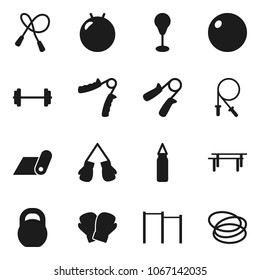 Flat vector icon set - barbell vector, weight, jump rope, hand trainer, horizontal bar, punching bag, fitball, boxing glove, fitness mat, hoop