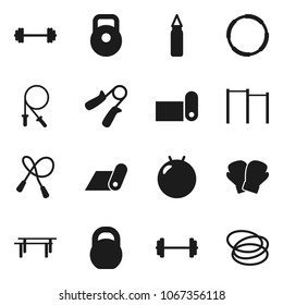 Flat vector icon set - barbell vector, weight, jump rope, hand trainer, horizontal bar, punching bag, fitball, boxing glove, fitness mat, hoop
