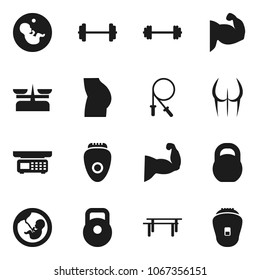 Flat vector icon set - barbell vector, weight, jump rope, horizontal bar, muscule hand, buttocks, pregnancy, store scales, epilator