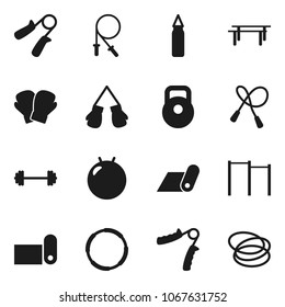 Flat vector icon set - barbell vector, weight, jump rope, hand trainer, horizontal bar, punching bag, fitball, boxing glove, fitness mat, hoop
