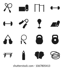 Flat vector icon set - barbell vector, weight, jump rope, hand trainer, horizontal bar, punching bag, boxing glove, fitness mat, hoop