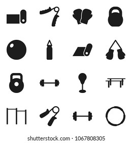 Flat vector icon set - barbell vector, weight, hand trainer, horizontal bar, punching bag, fitball, boxing glove, fitness mat, hoop