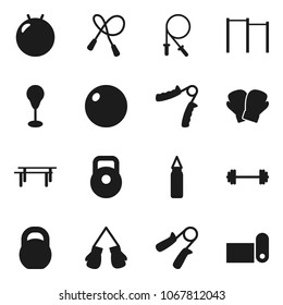 Flat vector icon set - barbell vector, weight, jump rope, hand trainer, horizontal bar, punching bag, fitball, boxing glove, fitness mat
