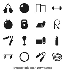 Flat vector icon set - barbell vector, weight, jump rope, hand trainer, horizontal bar, punching bag, fitball, boxing glove, fitness mat, hoop