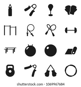 Flat vector icon set - barbell vector, weight, jump rope, hand trainer, horizontal bar, punching bag, fitball, boxing glove, fitness mat, hoop