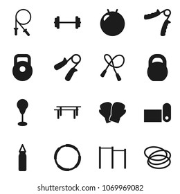 Flat vector icon set - barbell vector, weight, jump rope, hand trainer, horizontal bar, punching bag, fitball, boxing glove, fitness mat, hoop