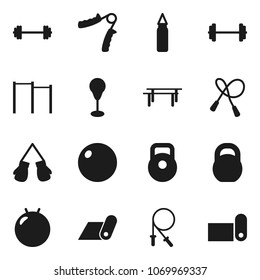 Flat vector icon set - barbell vector, weight, jump rope, hand trainer, horizontal bar, punching bag, fitball, boxing glove, fitness mat