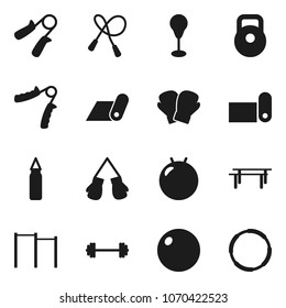 Flat vector icon set - barbell vector, weight, jump rope, hand trainer, horizontal bar, punching bag, fitball, boxing glove, fitness mat, hoop