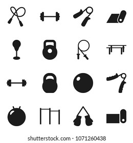 Flat vector icon set - barbell vector, weight, jump rope, hand trainer, horizontal bar, punching bag, fitball, boxing glove, fitness mat