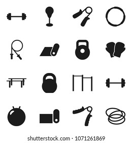 Flat vector icon set - barbell vector, weight, jump rope, hand trainer, horizontal bar, punching bag, fitball, boxing glove, fitness mat, hoop