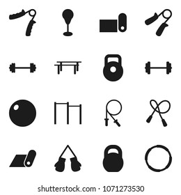 Flat vector icon set - barbell vector, weight, jump rope, hand trainer, horizontal bar, punching bag, fitball, boxing glove, fitness mat, hoop