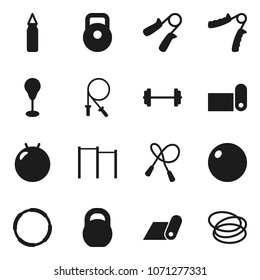 Flat vector icon set - barbell vector, weight, jump rope, hand trainer, horizontal bar, punching bag, fitball, fitness mat, hoop