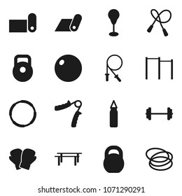 Flat vector icon set - barbell vector, weight, jump rope, hand trainer, horizontal bar, punching bag, fitball, boxing glove, fitness mat, hoop