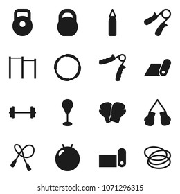 Flat vector icon set - barbell vector, weight, jump rope, hand trainer, horizontal bar, punching bag, fitball, boxing glove, fitness mat, hoop