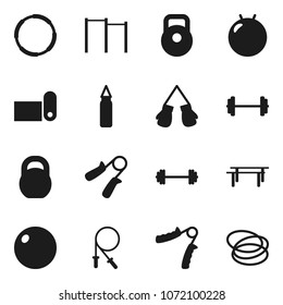 Flat vector icon set - barbell vector, weight, jump rope, hand trainer, horizontal bar, punching bag, fitball, boxing glove, fitness mat, hoop