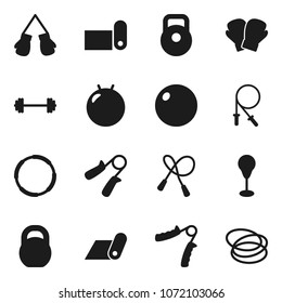 Flat vector icon set - barbell vector, weight, jump rope, hand trainer, punching bag, fitball, boxing glove, fitness mat, hoop