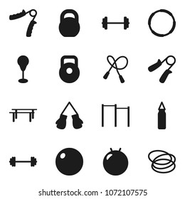 Flat vector icon set - barbell vector, weight, jump rope, hand trainer, horizontal bar, punching bag, fitball, boxing glove, hoop