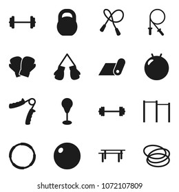 Flat vector icon set - barbell vector, weight, jump rope, hand trainer, horizontal bar, punching bag, fitball, boxing glove, fitness mat, hoop