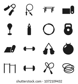Flat vector icon set - barbell vector, weight, jump rope, hand trainer, horizontal bar, punching bag, fitball, boxing glove, fitness mat, hoop