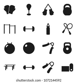 Flat vector icon set - barbell vector, weight, jump rope, hand trainer, horizontal bar, punching bag, fitball, boxing glove, fitness mat