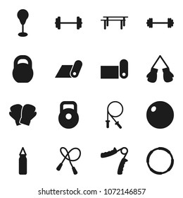 Flat vector icon set - barbell vector, weight, jump rope, hand trainer, horizontal bar, punching bag, fitball, boxing glove, fitness mat, hoop