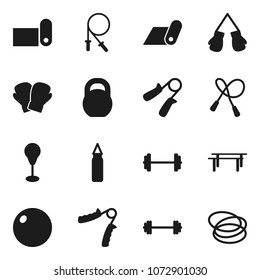 Flat vector icon set - barbell vector, weight, jump rope, hand trainer, horizontal bar, punching bag, fitball, boxing glove, fitness mat, hoop