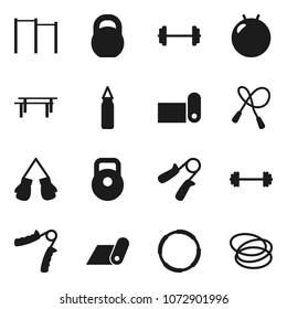 Flat vector icon set - barbell vector, weight, jump rope, hand trainer, horizontal bar, punching bag, fitball, boxing glove, fitness mat, hoop