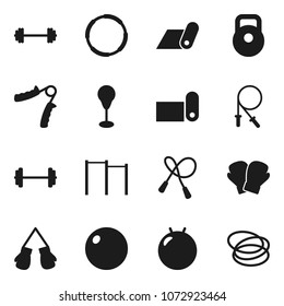 Flat vector icon set - barbell vector, weight, jump rope, hand trainer, horizontal bar, punching bag, fitball, boxing glove, fitness mat, hoop