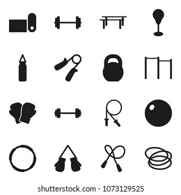 Flat vector icon set - barbell vector, weight, jump rope, hand trainer, horizontal bar, punching bag, fitball, boxing glove, fitness mat, hoop