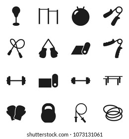 Flat vector icon set - barbell vector, weight, jump rope, hand trainer, horizontal bar, punching bag, fitball, boxing glove, fitness mat, hoop
