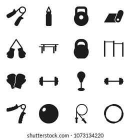 Flat vector icon set - barbell vector, weight, jump rope, hand trainer, horizontal bar, punching bag, fitball, boxing glove, fitness mat, hoop