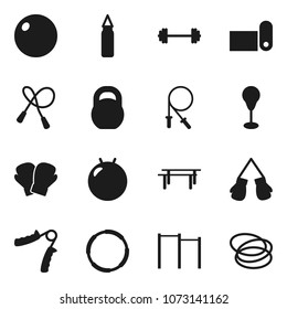 Flat vector icon set - barbell vector, weight, jump rope, hand trainer, horizontal bar, punching bag, fitball, boxing glove, fitness mat, hoop