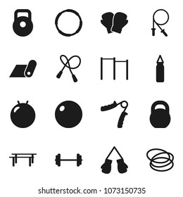 Flat vector icon set - barbell vector, weight, jump rope, hand trainer, horizontal bar, punching bag, fitball, boxing glove, fitness mat, hoop