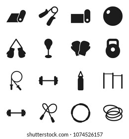 Flat vector icon set - barbell vector, weight, jump rope, hand trainer, horizontal bar, punching bag, fitball, boxing glove, fitness mat, hoop
