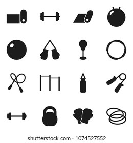 Flat vector icon set - barbell vector, weight, jump rope, hand trainer, horizontal bar, punching bag, fitball, boxing glove, fitness mat, hoop
