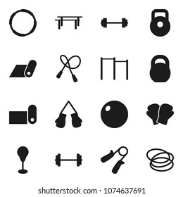 Flat vector icon set - barbell vector, weight, jump rope, hand trainer, horizontal bar, punching bag, fitball, boxing glove, fitness mat, hoop