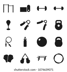 Flat vector icon set - barbell vector, weight, jump rope, hand trainer, horizontal bar, punching bag, fitball, boxing glove, fitness mat, hoop