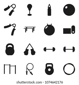 Flat vector icon set - barbell vector, weight, jump rope, hand trainer, horizontal bar, punching bag, fitball, boxing glove, fitness mat, hoop