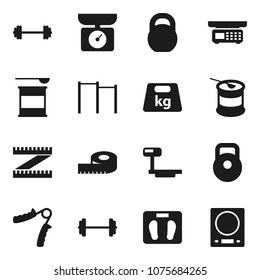 Flat vector icon set - barbell vector, measuring, scales, weight, hand trainer, horizontal bar, sports nutrition, big, store, kitchen