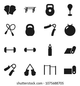 Flat vector icon set - barbell vector, weight, jump rope, hand trainer, horizontal bar, punching bag, fitball, boxing glove, fitness mat