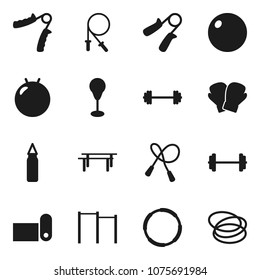 Flat vector icon set - barbell vector, jump rope, hand trainer, horizontal bar, punching bag, fitball, boxing glove, fitness mat, hoop