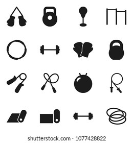 Flat vector icon set - barbell vector, weight, jump rope, hand trainer, horizontal bar, punching bag, fitball, boxing glove, fitness mat, hoop