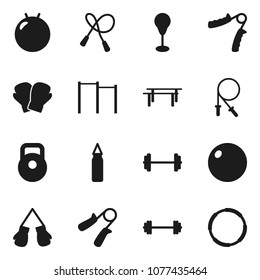 Flat vector icon set - barbell vector, weight, jump rope, hand trainer, horizontal bar, punching bag, fitball, boxing glove, hoop